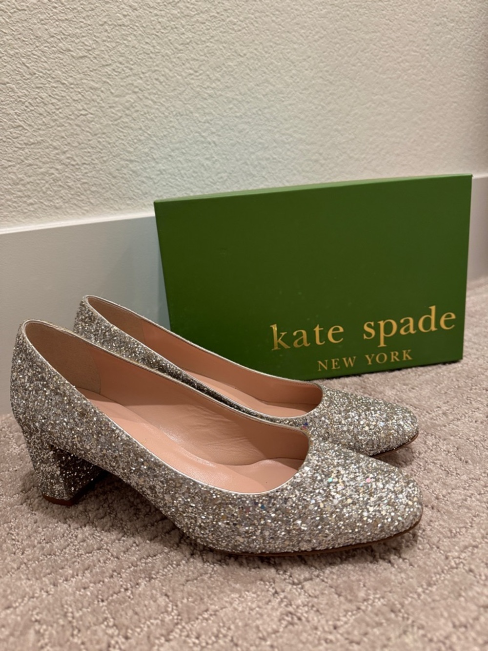 kate spade silver glitter low block heel pumps